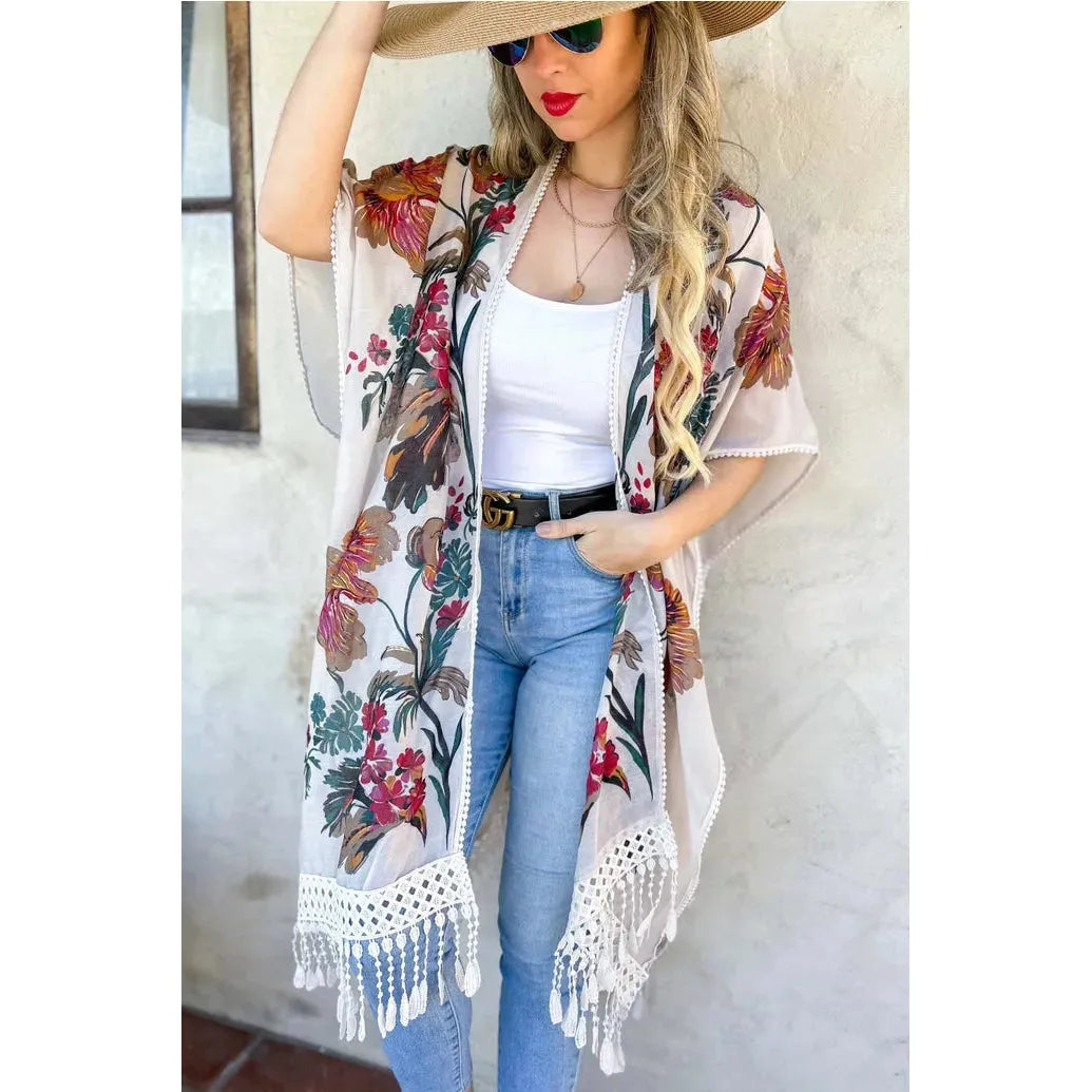 White Floral Print Lace Detail & Tassel Bottom Kimono