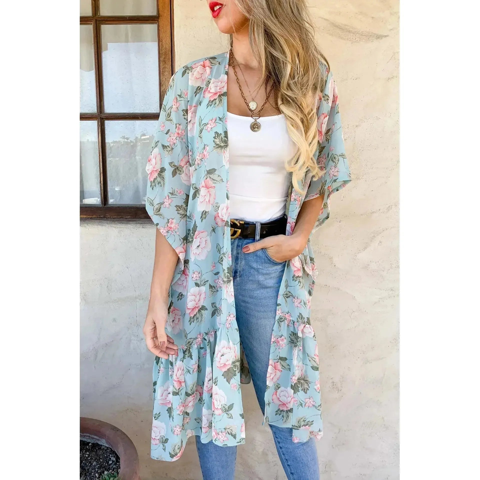 Mint Floral Printed Ruffle Bottom Chiffon Kimono