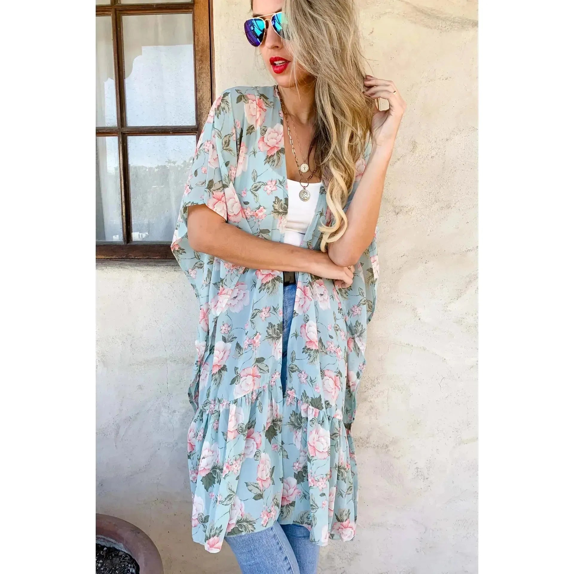 Mint Floral Printed Ruffle Bottom Chiffon Kimono