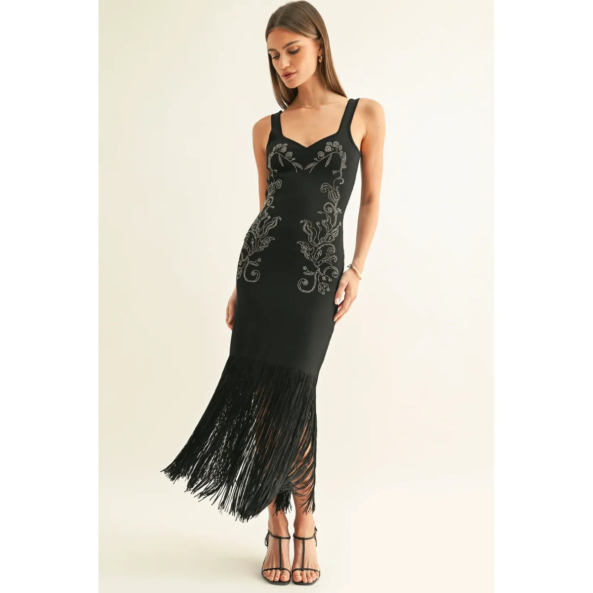 Amani Sparkle Fringed Hem Maxi Knit Dress