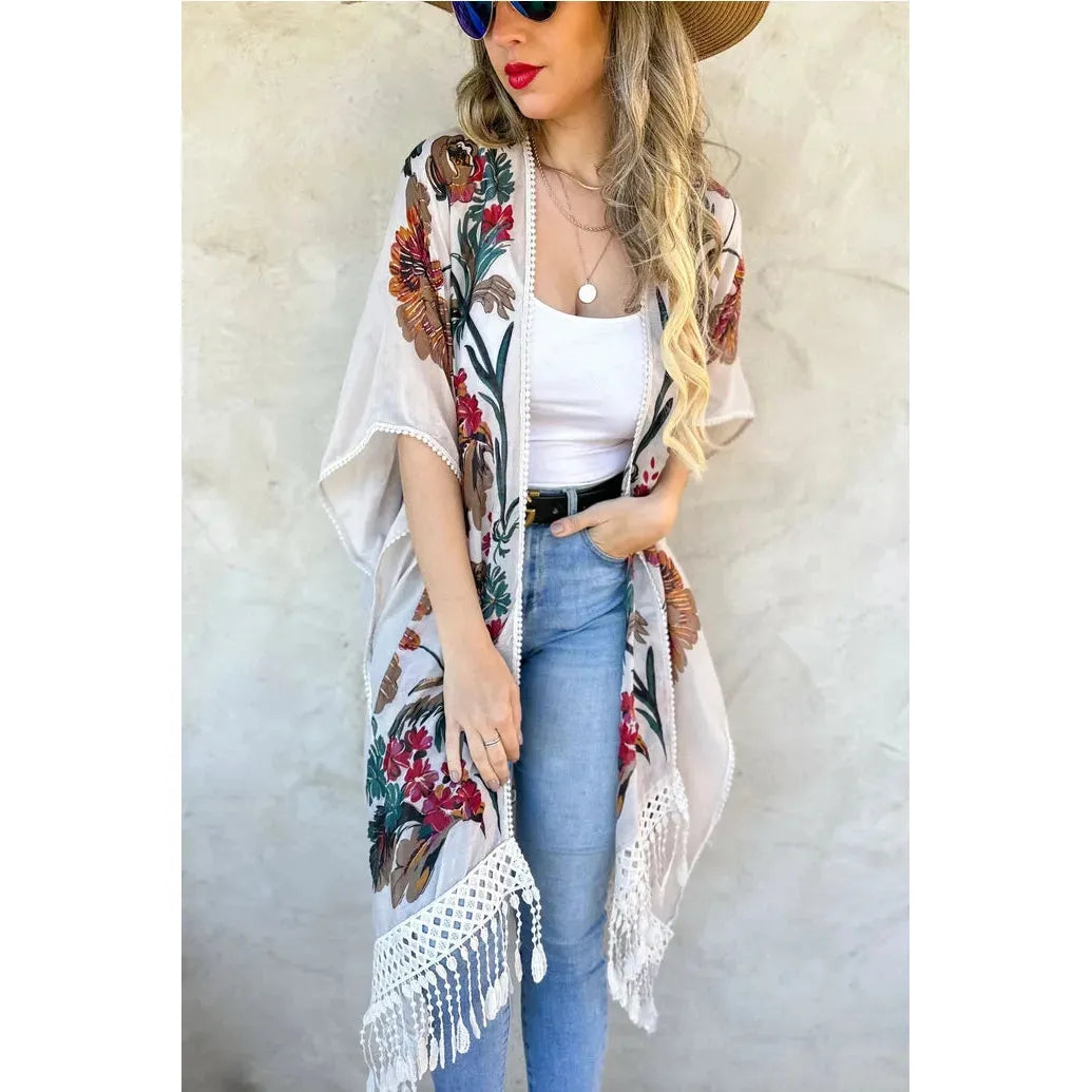 White Floral Print Lace Detail & Tassel Bottom Kimono