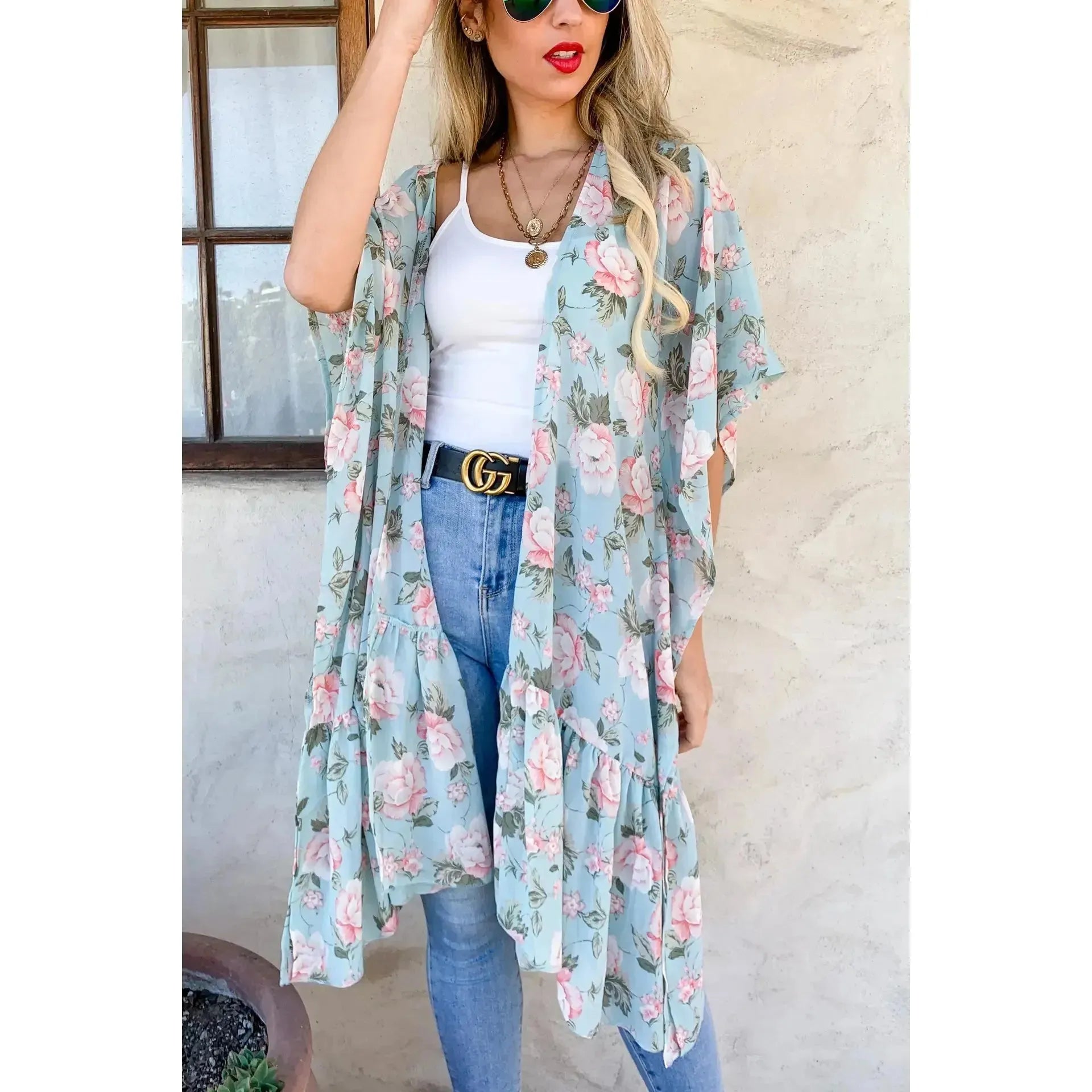 Mint Floral Printed Ruffle Bottom Chiffon Kimono