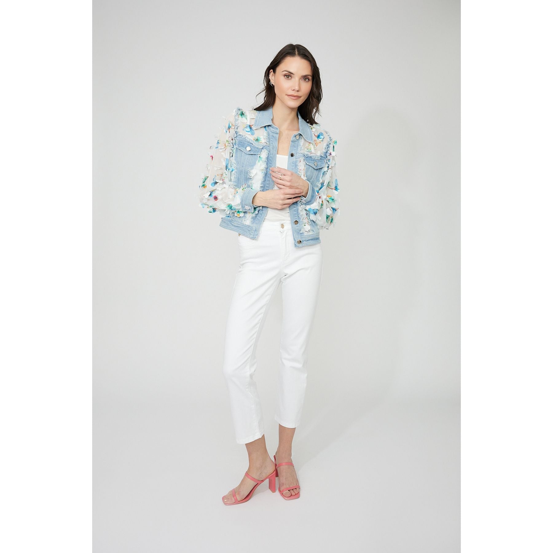 Denim Floral Puff Sleeve Jacket Style 261601