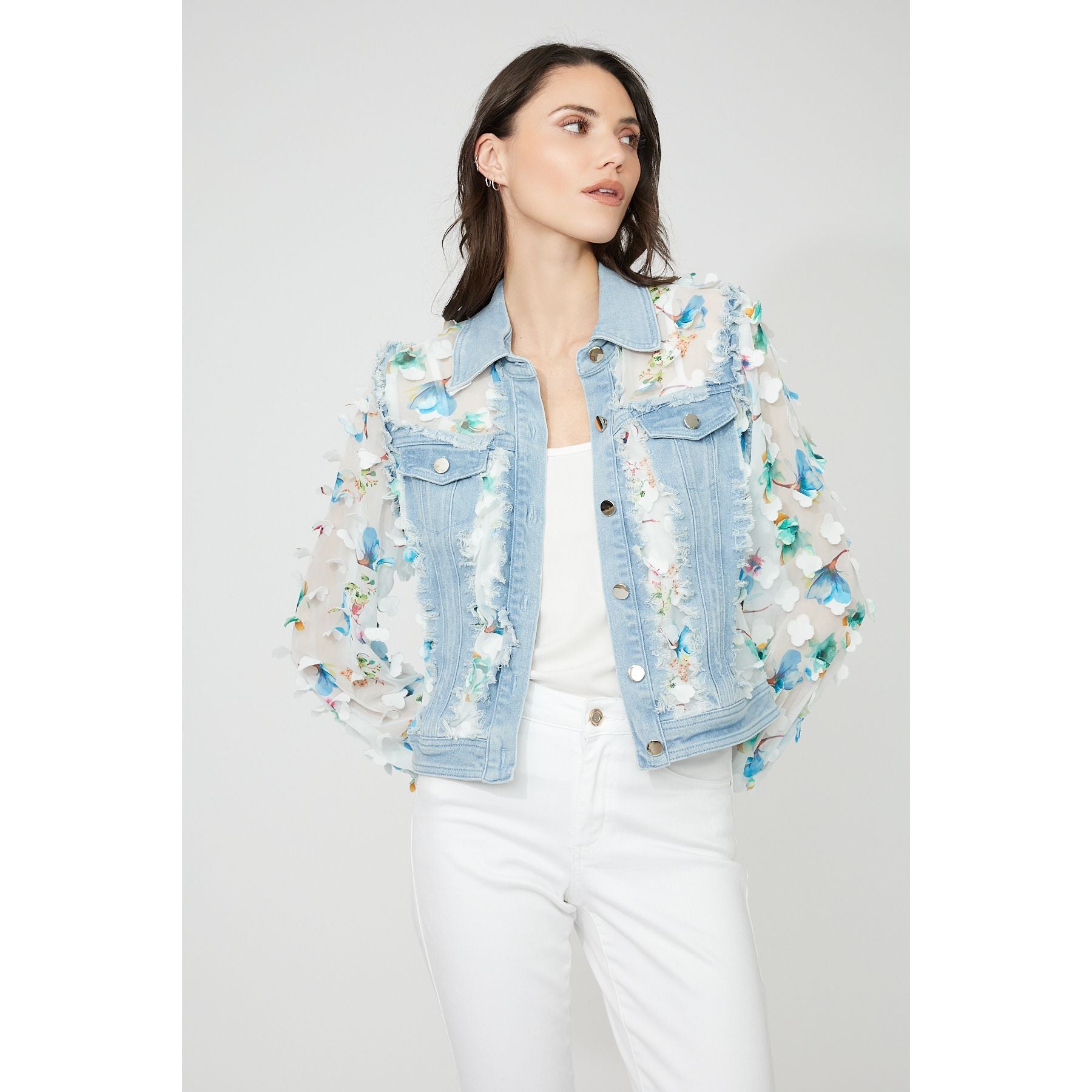 Denim Floral Puff Sleeve Jacket Style 261601