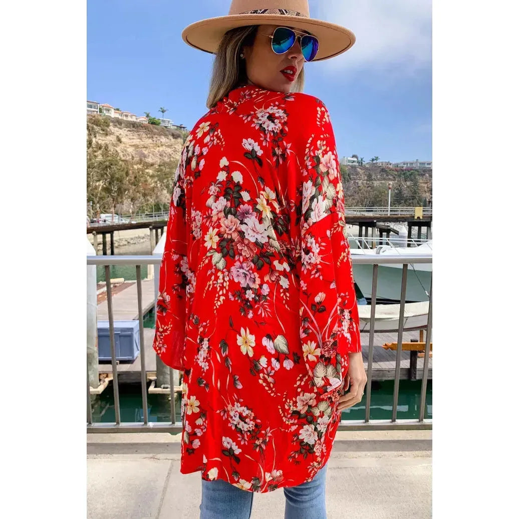 Red Floral Printed Kimono