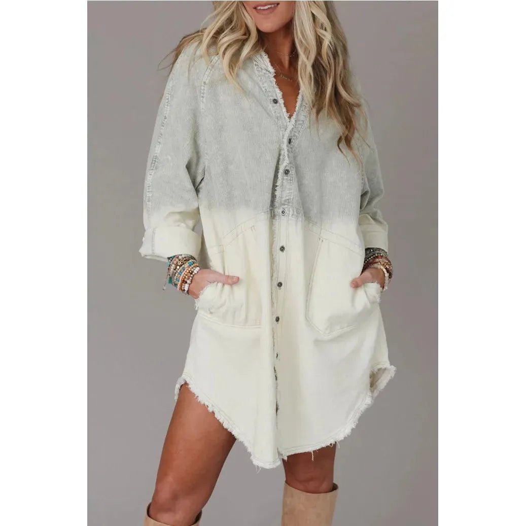 Gradient Long Sleeve Button Up Raw Hem Denim Dress.