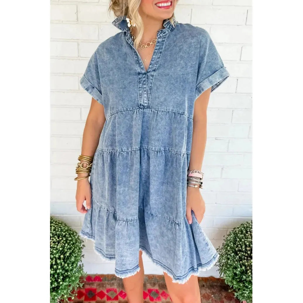 Acid Wash V Neck Denim Dress