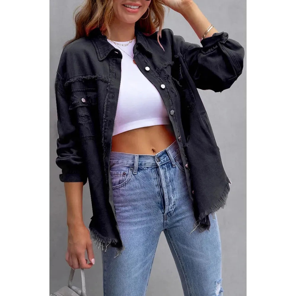 Raw Trim Button Up Denim Jacket in Black