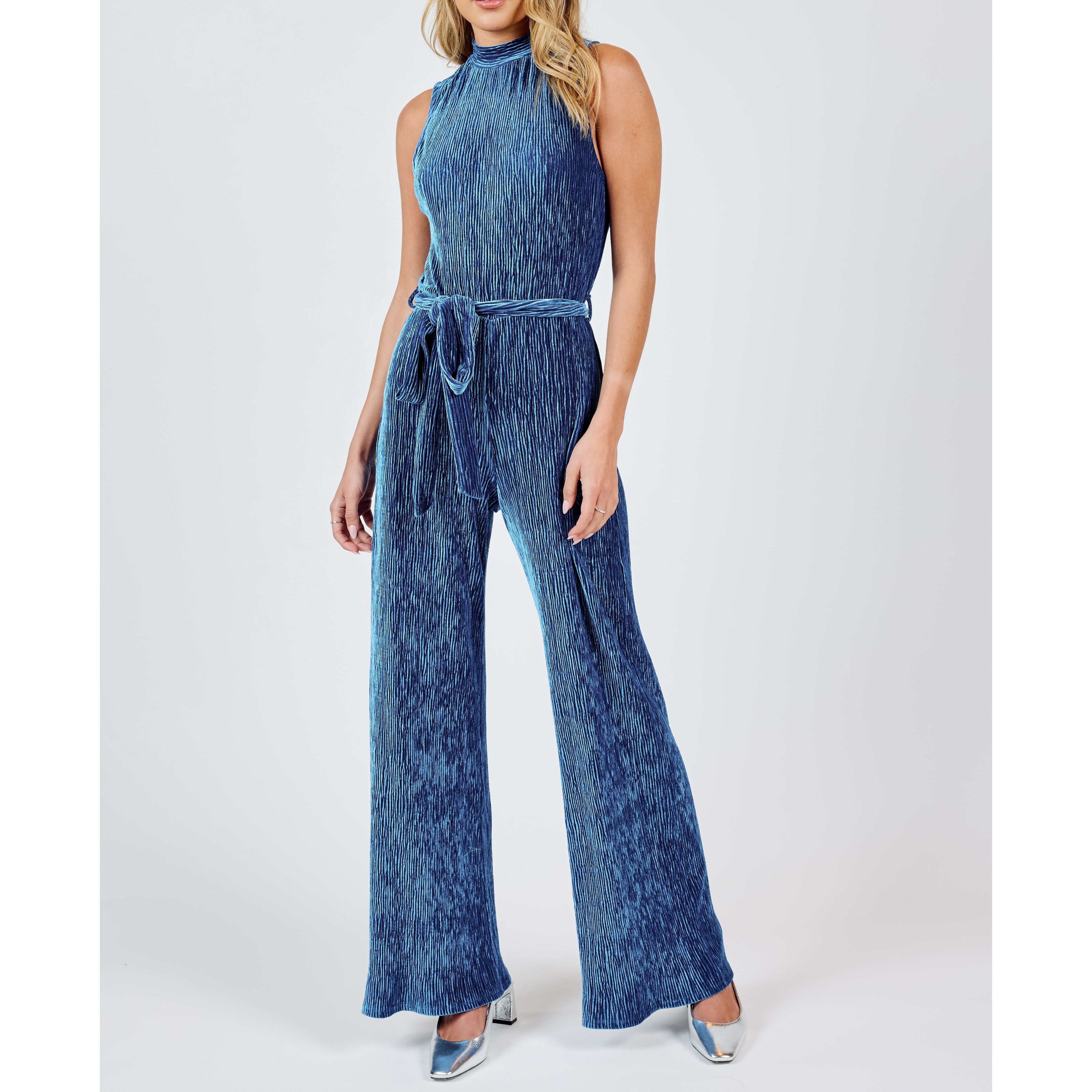 Lorelai Velvet Mock Neck Jumpsuit in Blue