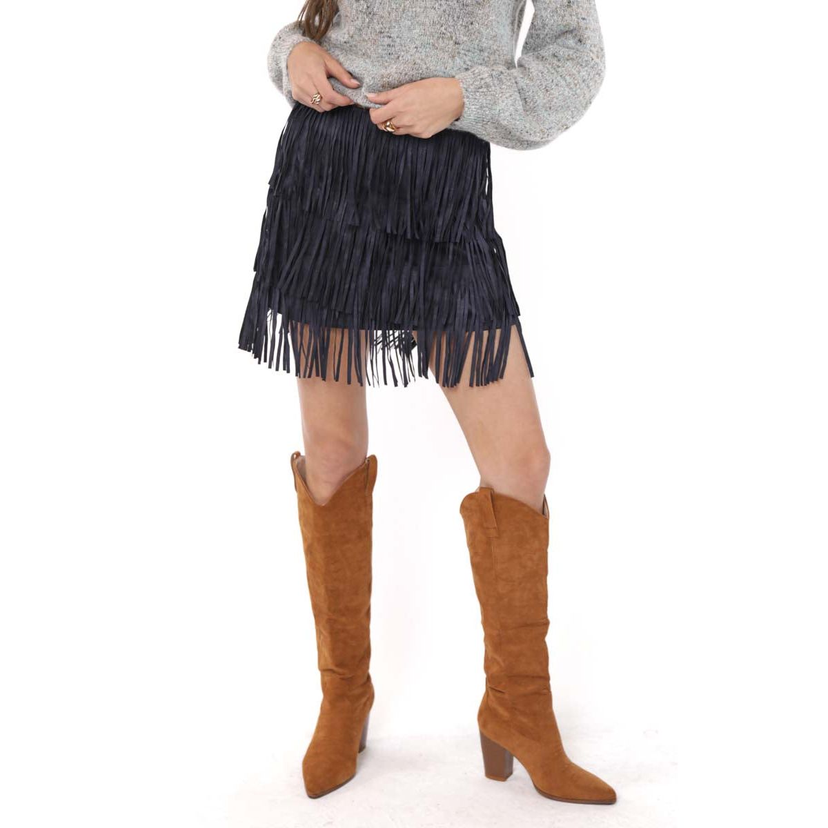 The Groove Faux Suede Fringe Mini Skirt | Navy