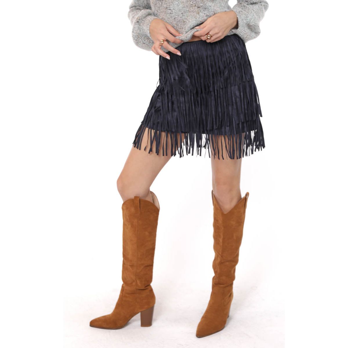 The Groove Faux Suede Fringe Mini Skirt | Navy