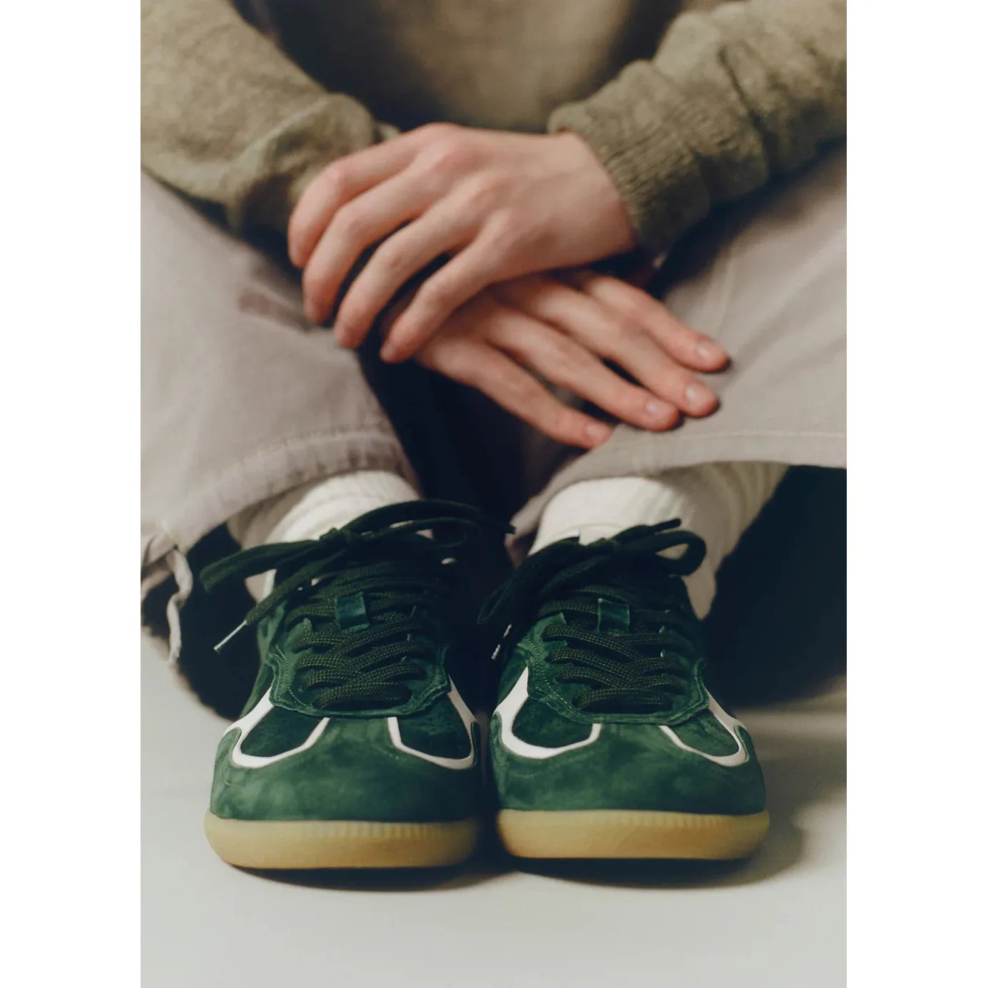 ALOHAS Green Suede Sneakers with White Leather Accent