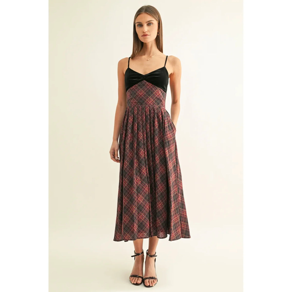 Amelia Contrast Sleeveless Pleated Midi Dress