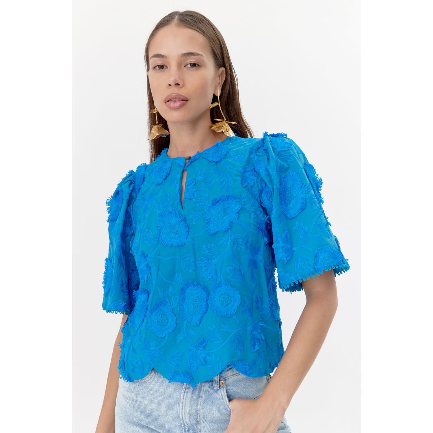 Darby 3D Embroidered Scalloped Hem Blouse