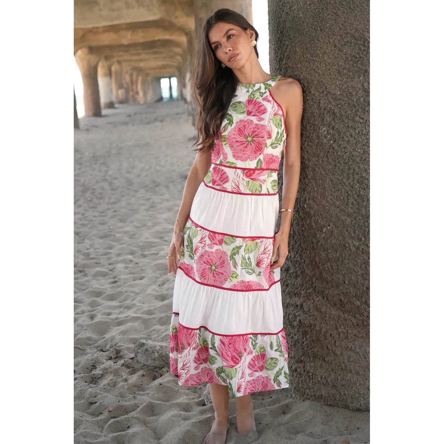 Haven Contrast Scalloped Textured Jacquard Halter Midi Dress