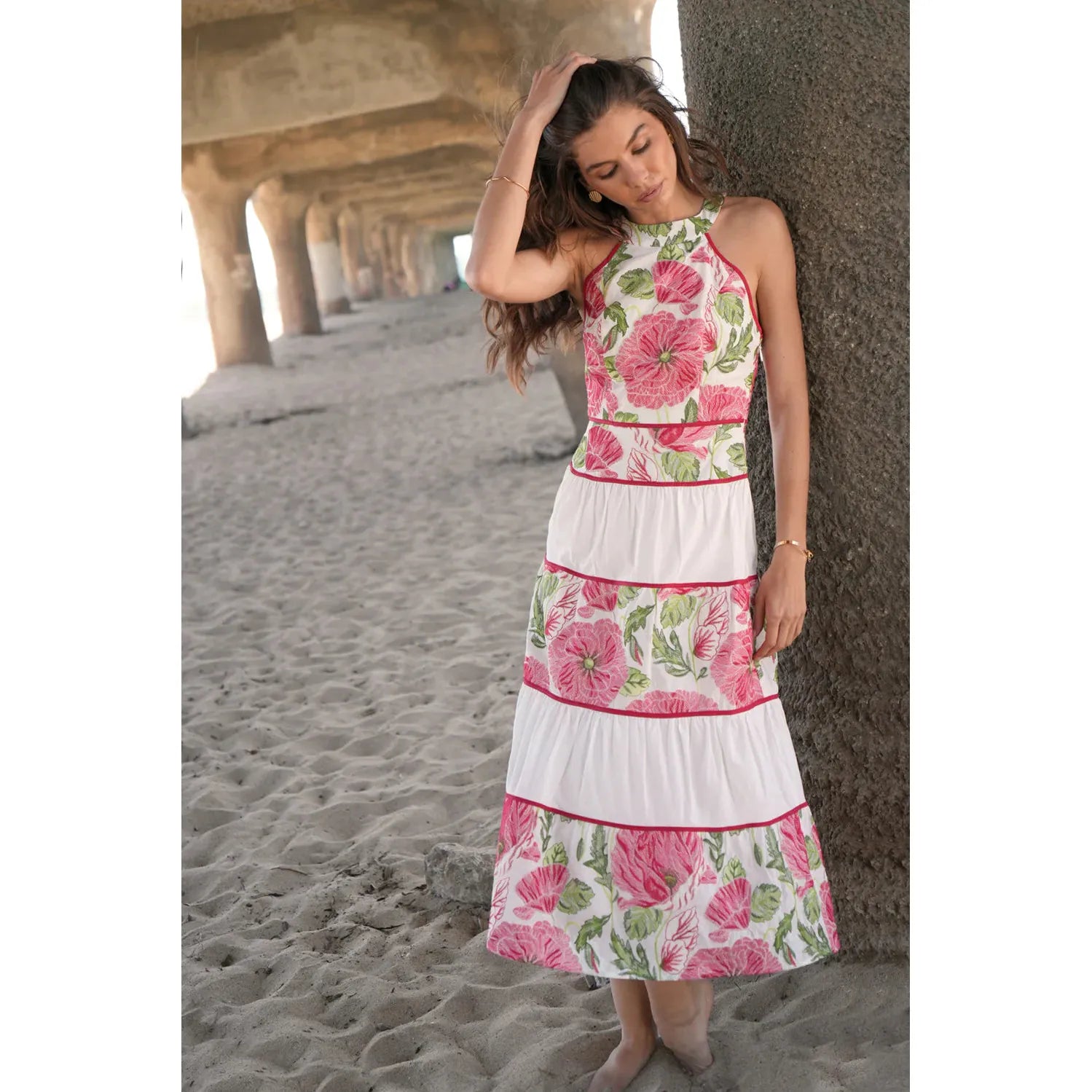 Haven Contrast Scalloped Textured Jacquard Halter Midi Dress