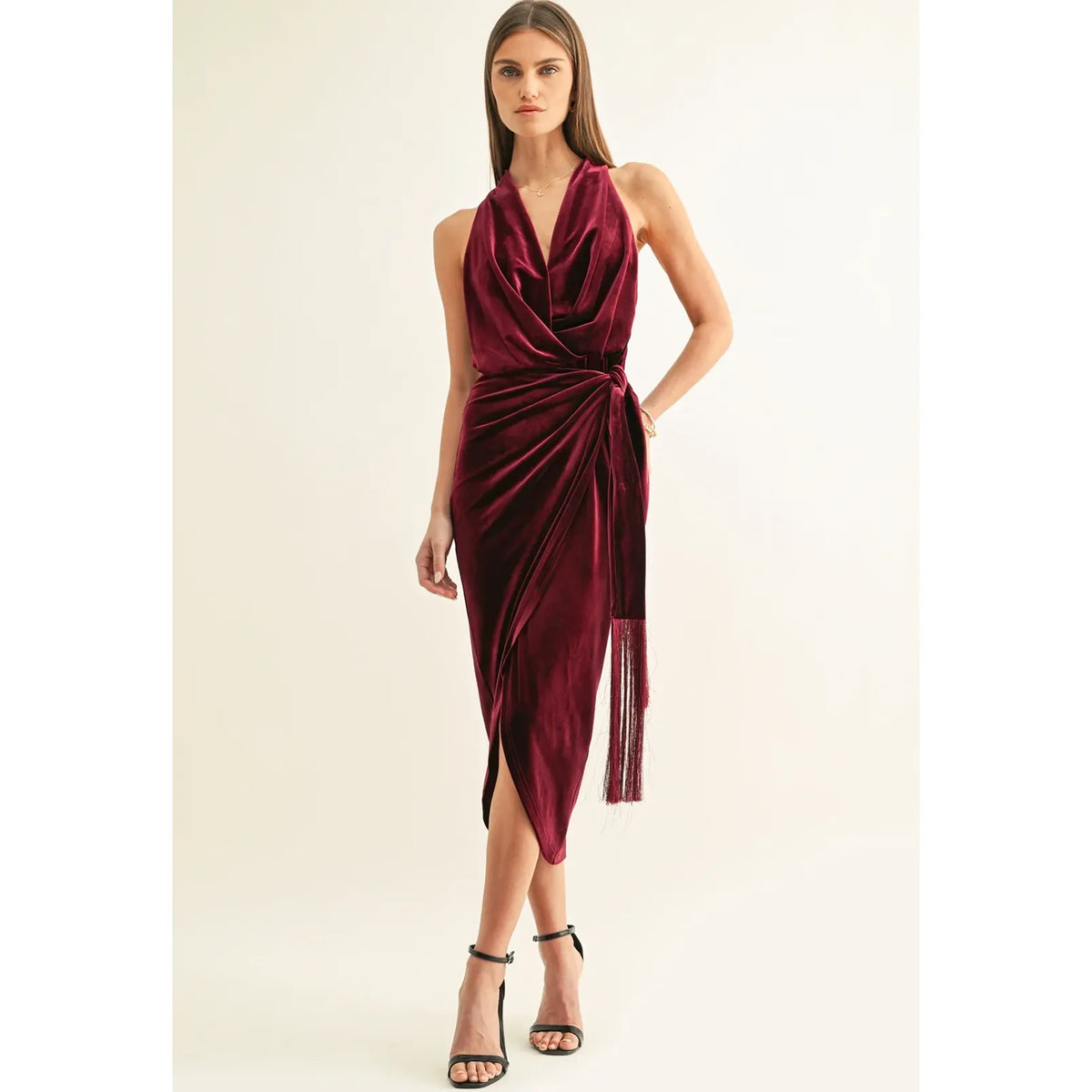 Willow Velvet Halter Wrap Midi Dress