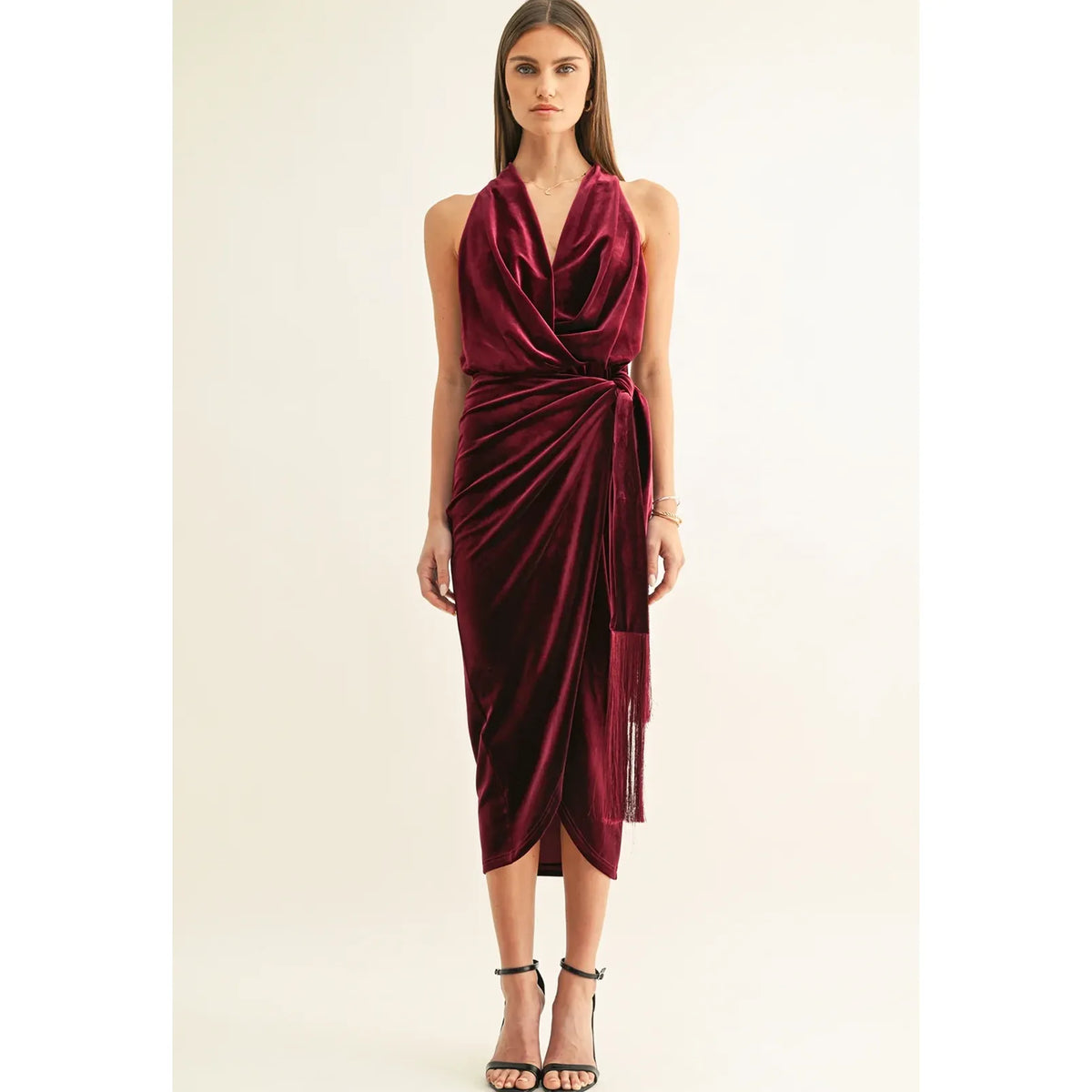 Willow Velvet Halter Wrap Midi Dress
