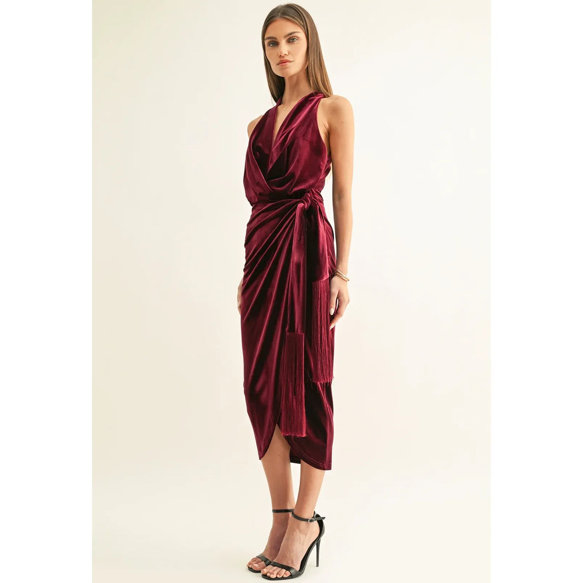Willow Velvet Halter Wrap Midi Dress