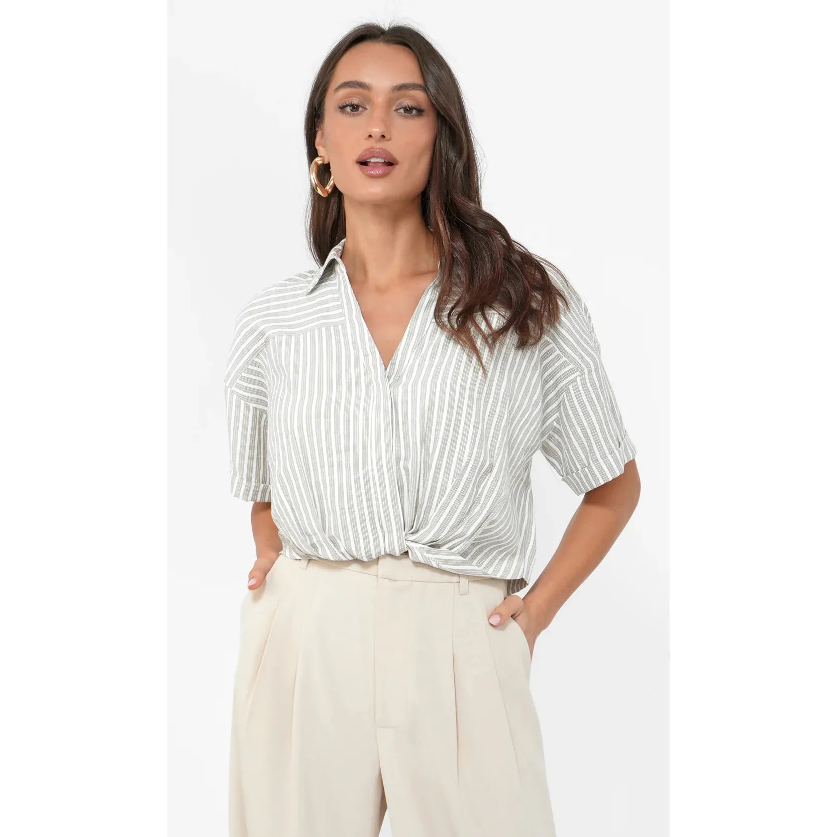 Maria Cropped Twist Front Stripe Shirt