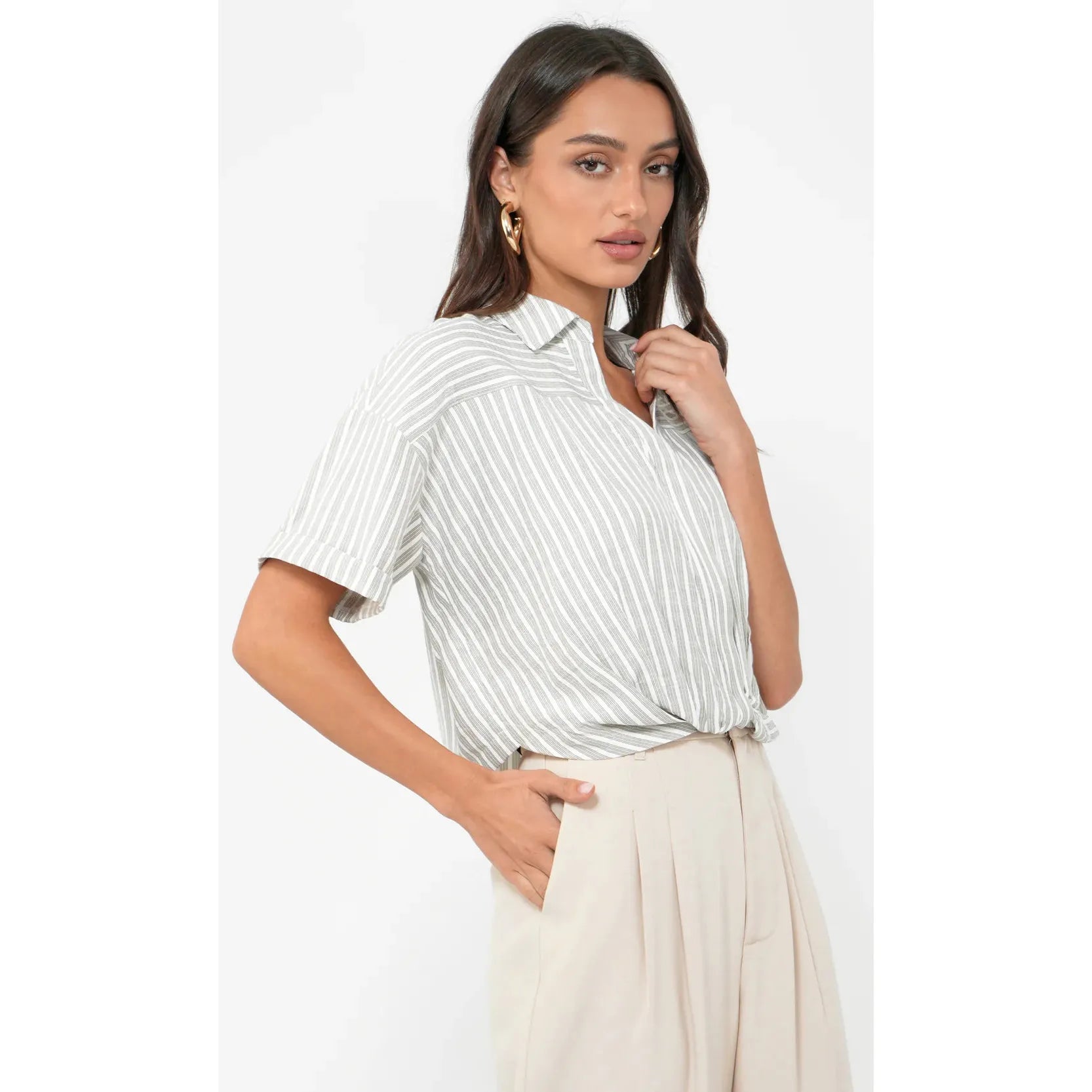 Maria Cropped Twist Front Stripe Shirt