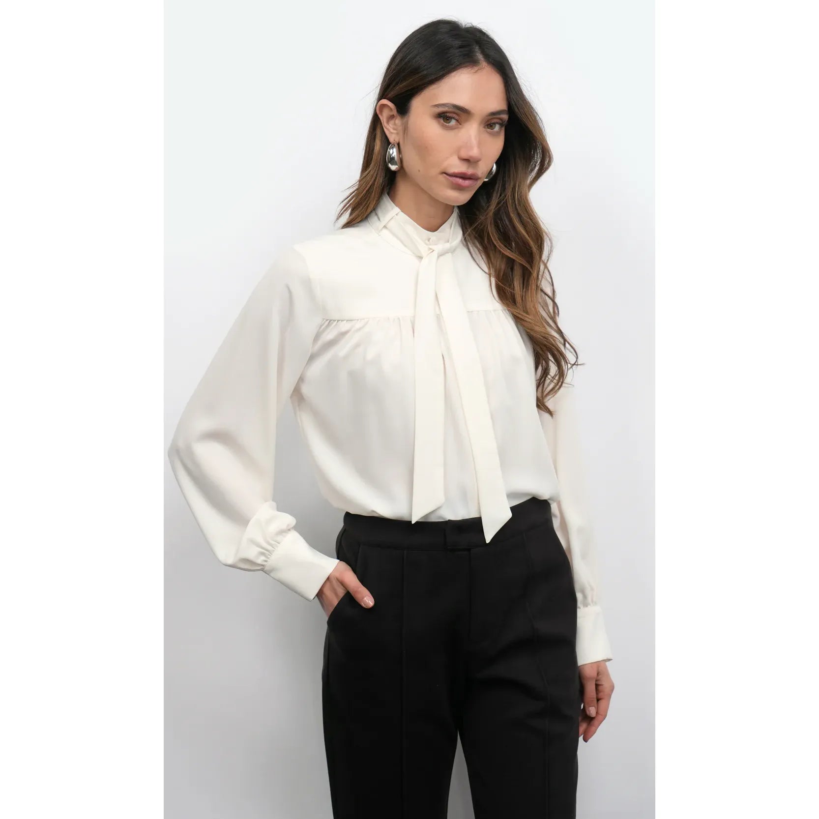 Cameron Button Up Neck Tie Blouse