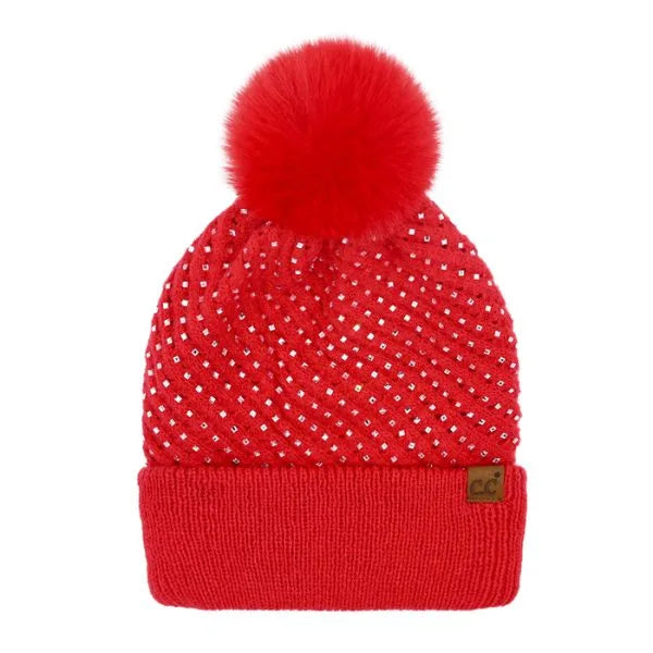 Waffle Pattern Sequin Pom Beanie