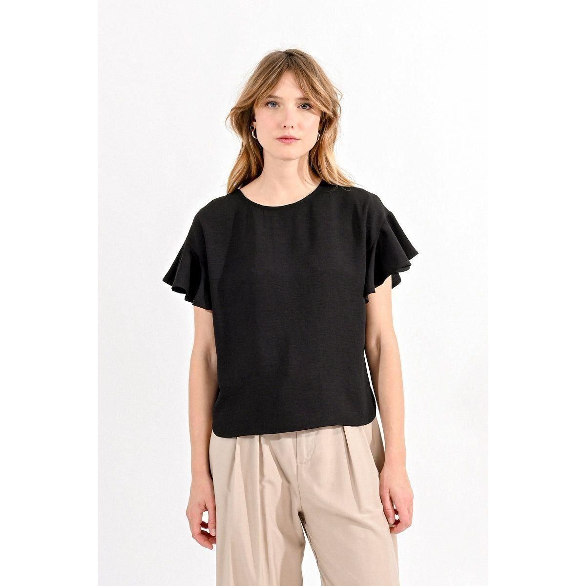 Ladies Black Woven Ruffled Sleeve Top