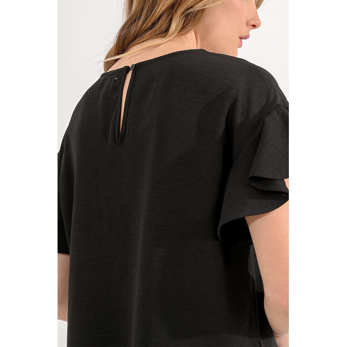 Ladies Black Woven Ruffled Sleeve Top