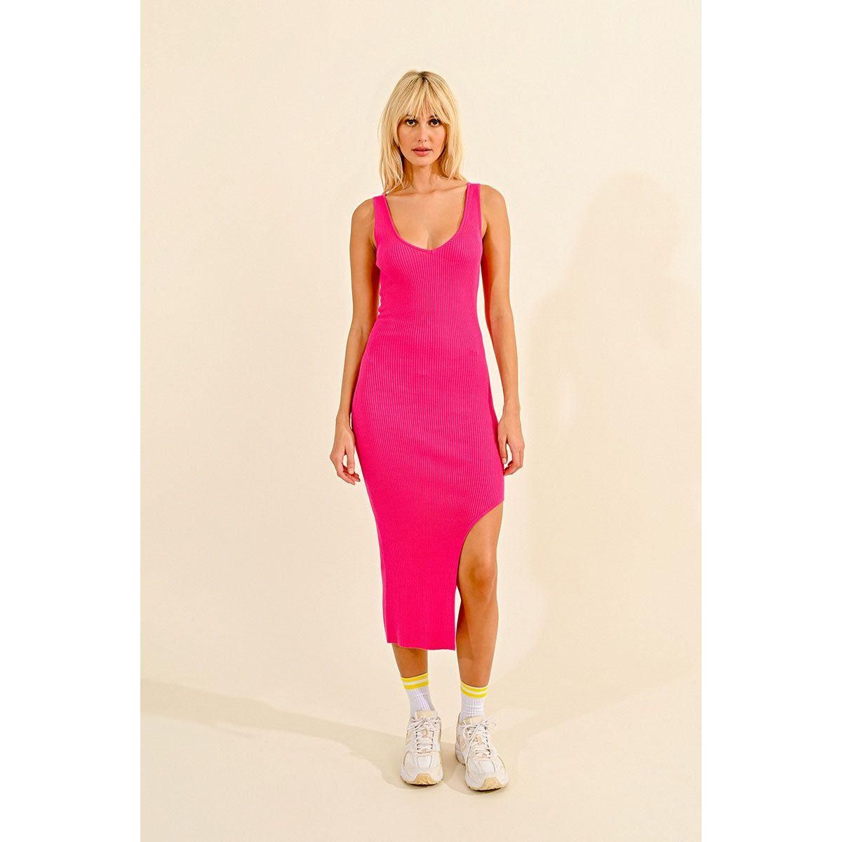 Ribbed Tank Dress in Fushia