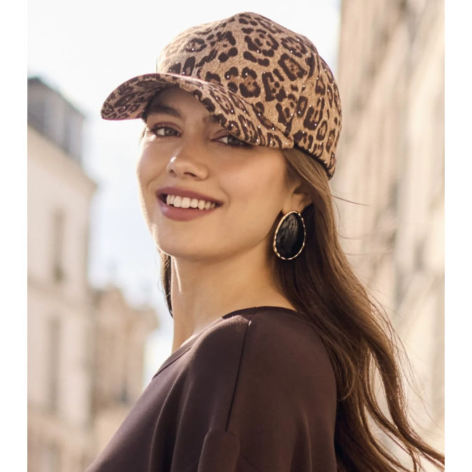 Leopard Print Ball Cap with Crystal Studs