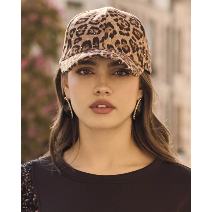 Leopard Print Ball Cap with Crystal Studs