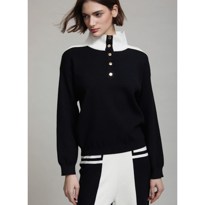 Contrast Collar Button Sweater