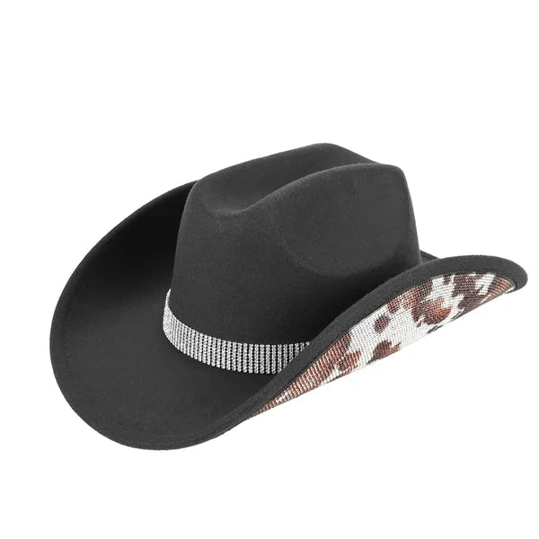 Cow Pattern Rhinestone Vegan Felt Cowboy Hat