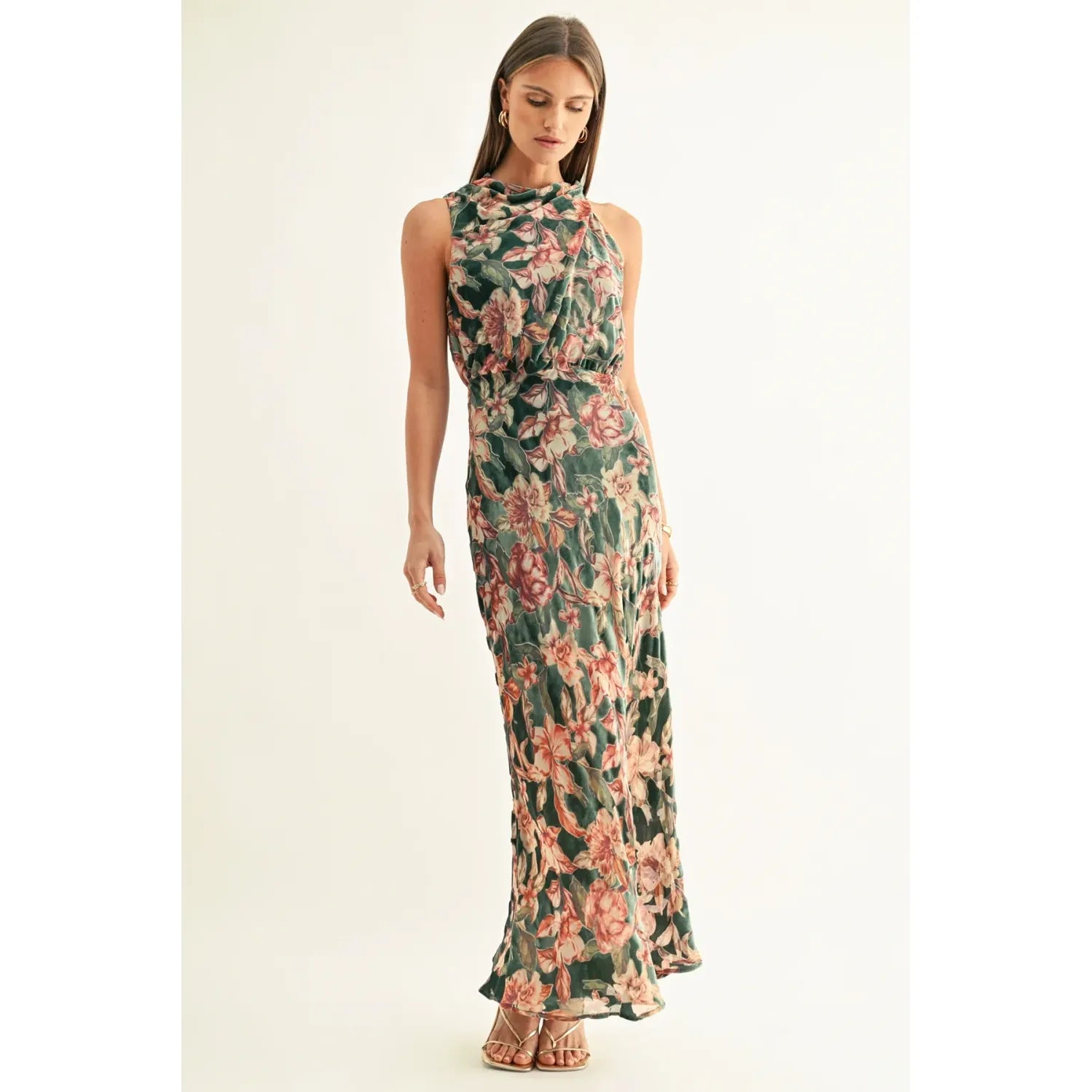 Veda Burnout Velvet Draped Maxi Dress