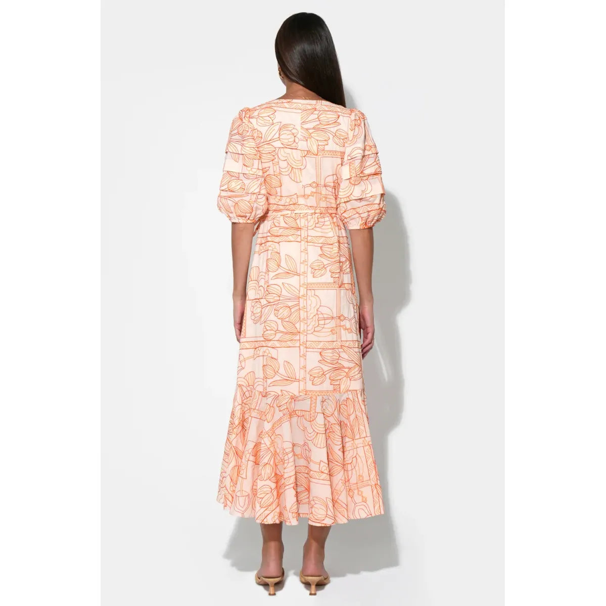 Haven Ruffle Embroidery Wrap Midi Dress
