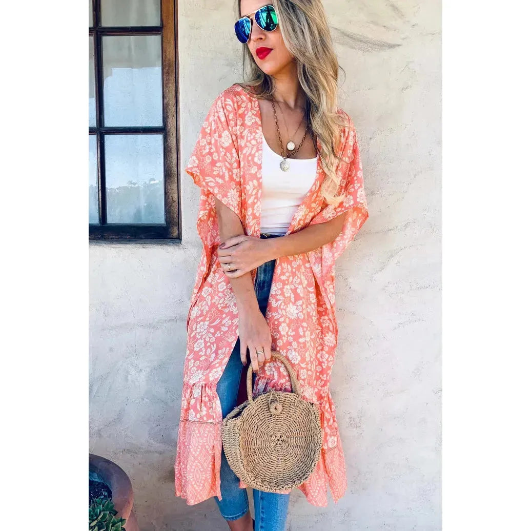 Peach Floral Printed Ruffle Bottom Kimono