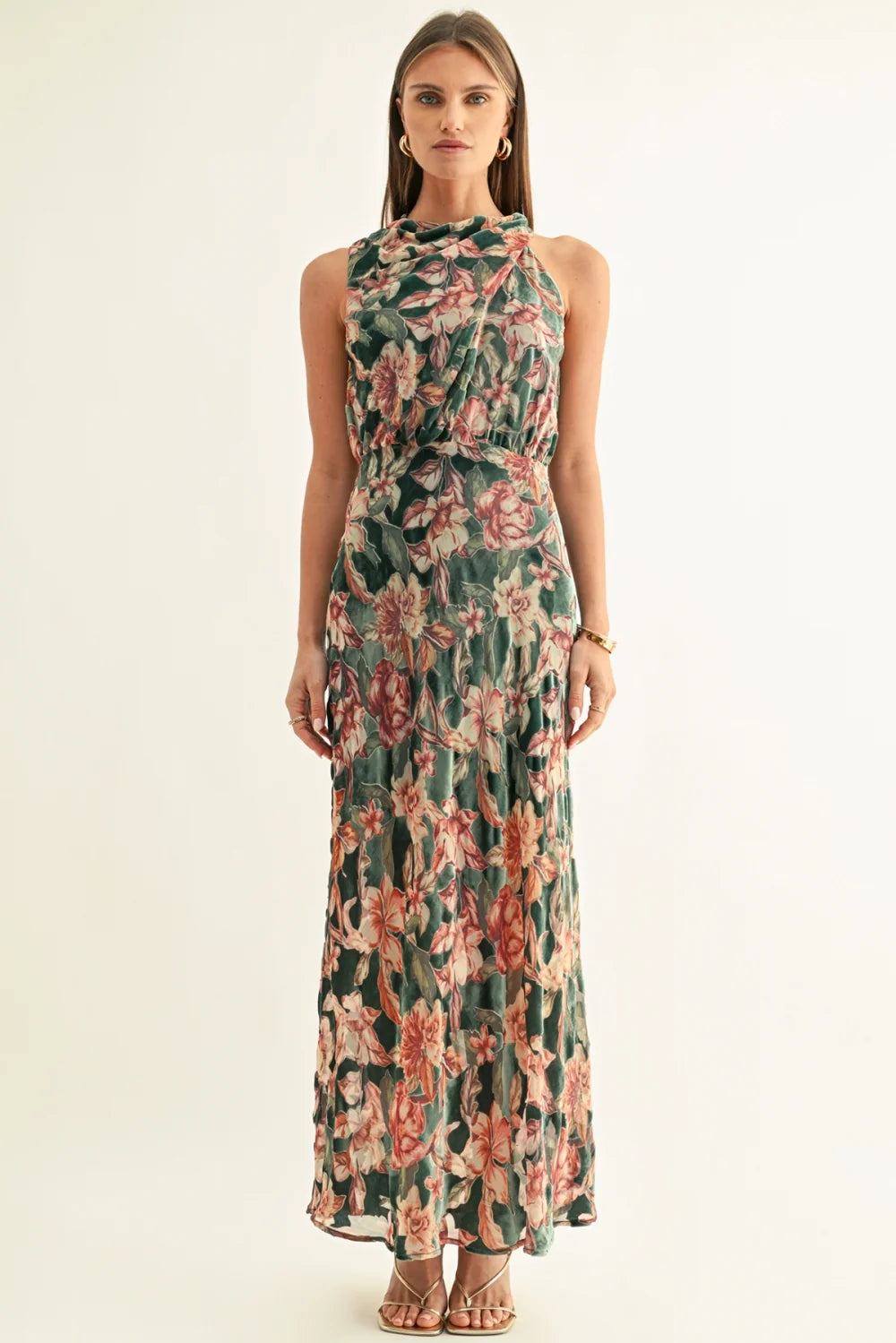 Veda Burnout Velvet Draped Maxi Dress