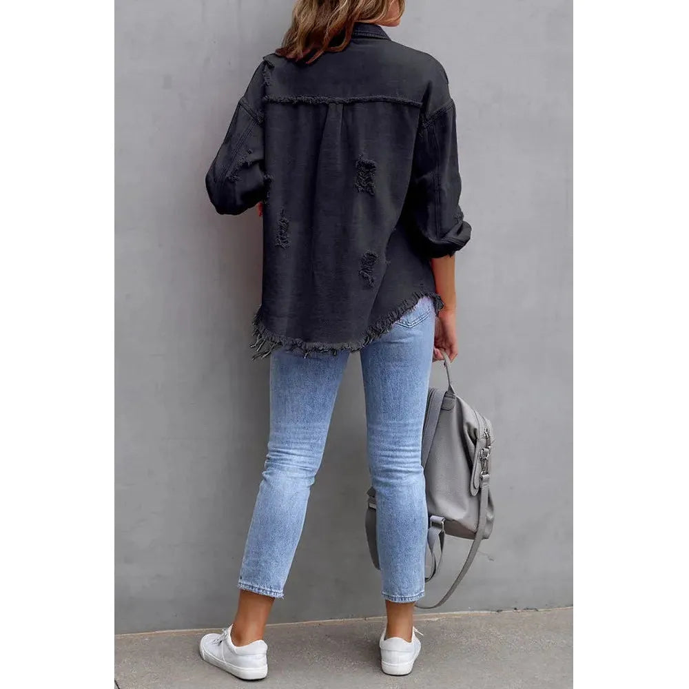 Raw Trim Button Up Denim Jacket in Black