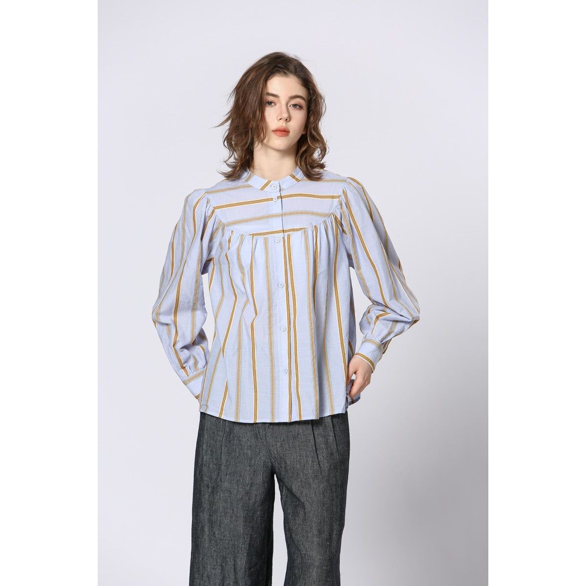 Striped Cotton-Linen Blouse – Light Blue with Golden Stripes
