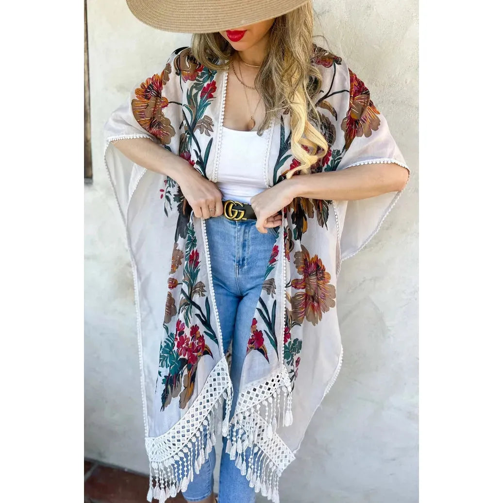 White Floral Print Lace Detail & Tassel Bottom Kimono