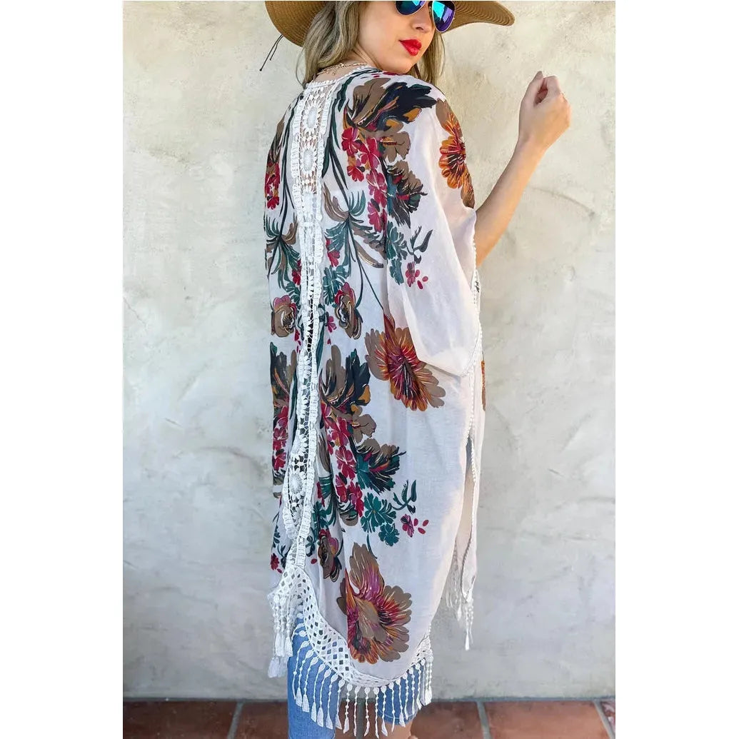 White Floral Print Lace Detail & Tassel Bottom Kimono