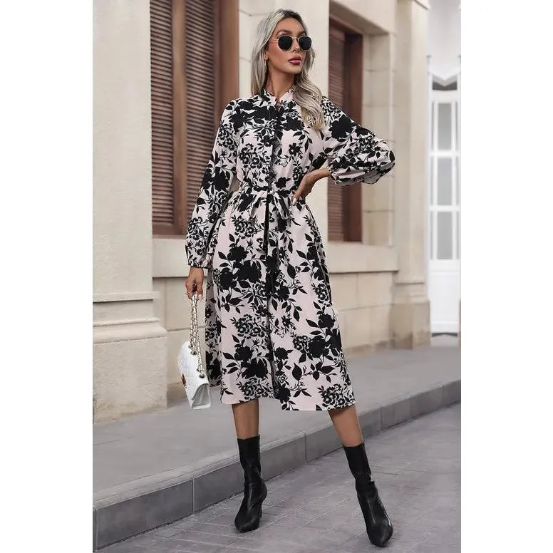 Floral Balloon Sleeve Tied Midi Dress