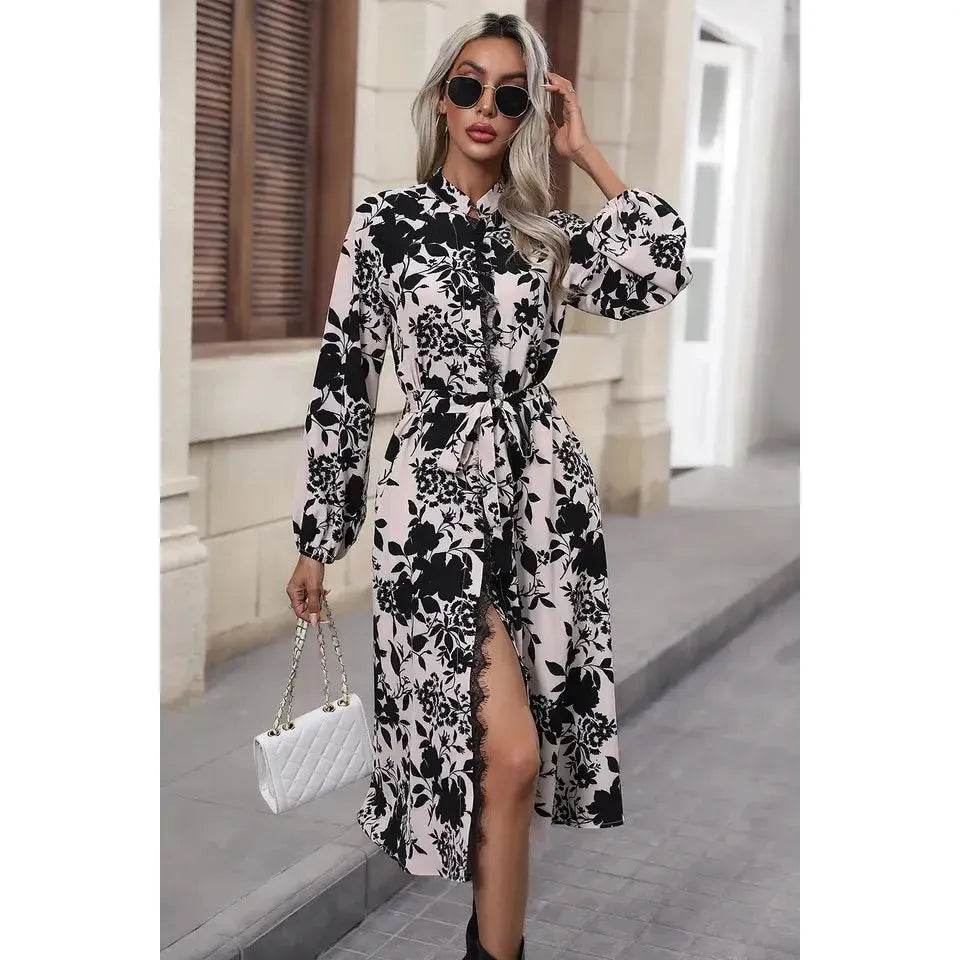 Floral Balloon Sleeve Tied Midi Dress