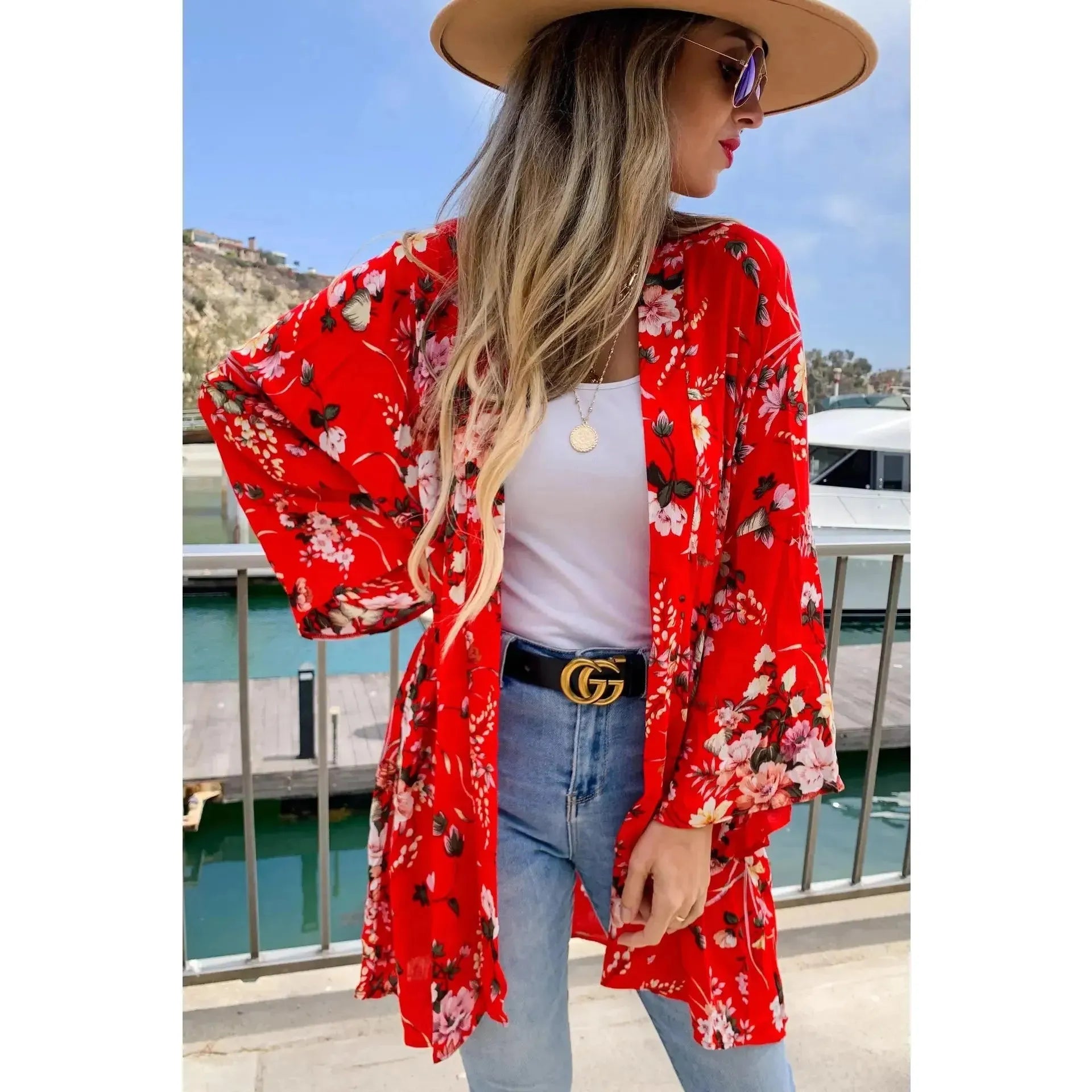 Red Floral Printed Kimono