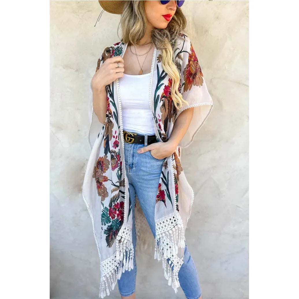 White Floral Print Lace Detail & Tassel Bottom Kimono