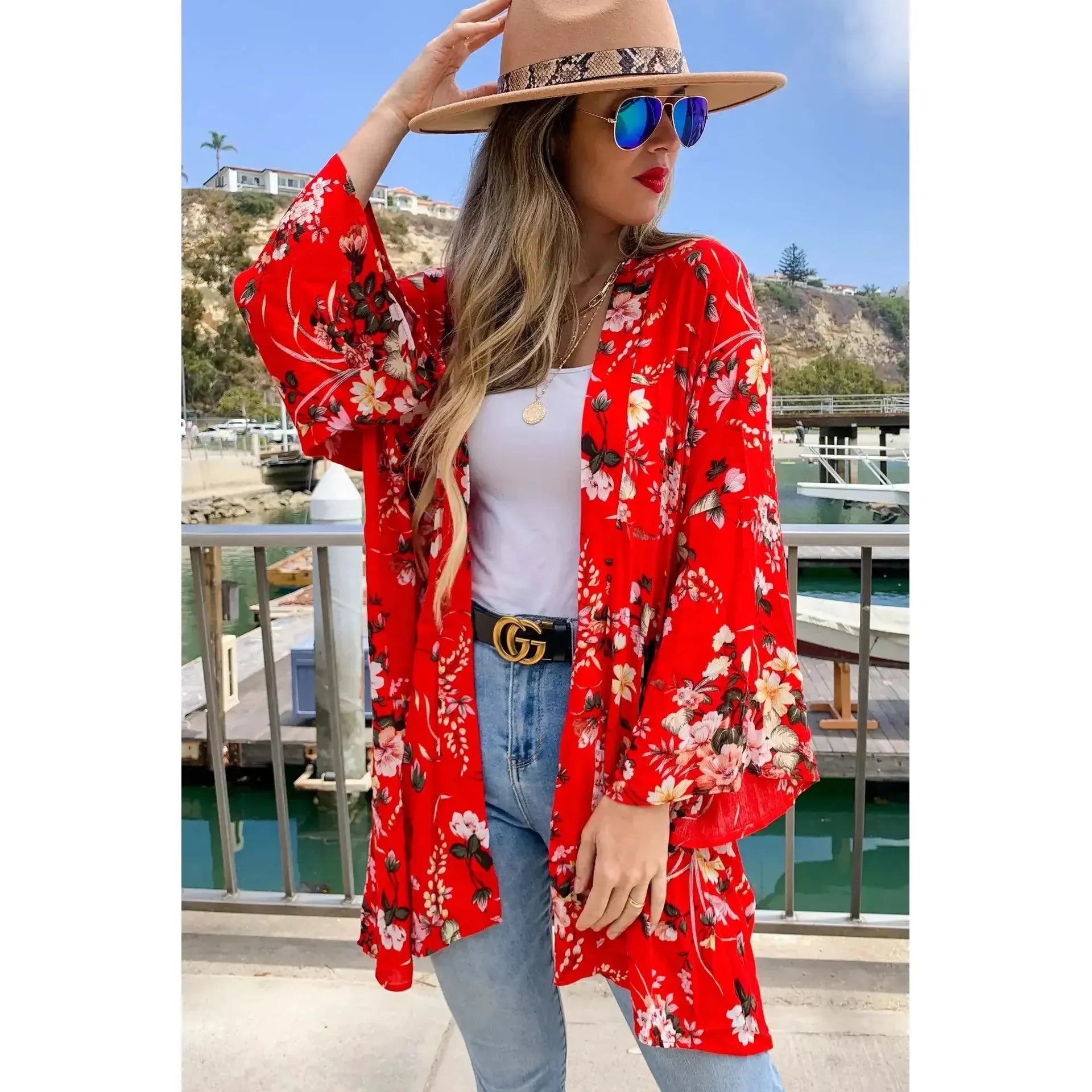 Red Floral Printed Kimono