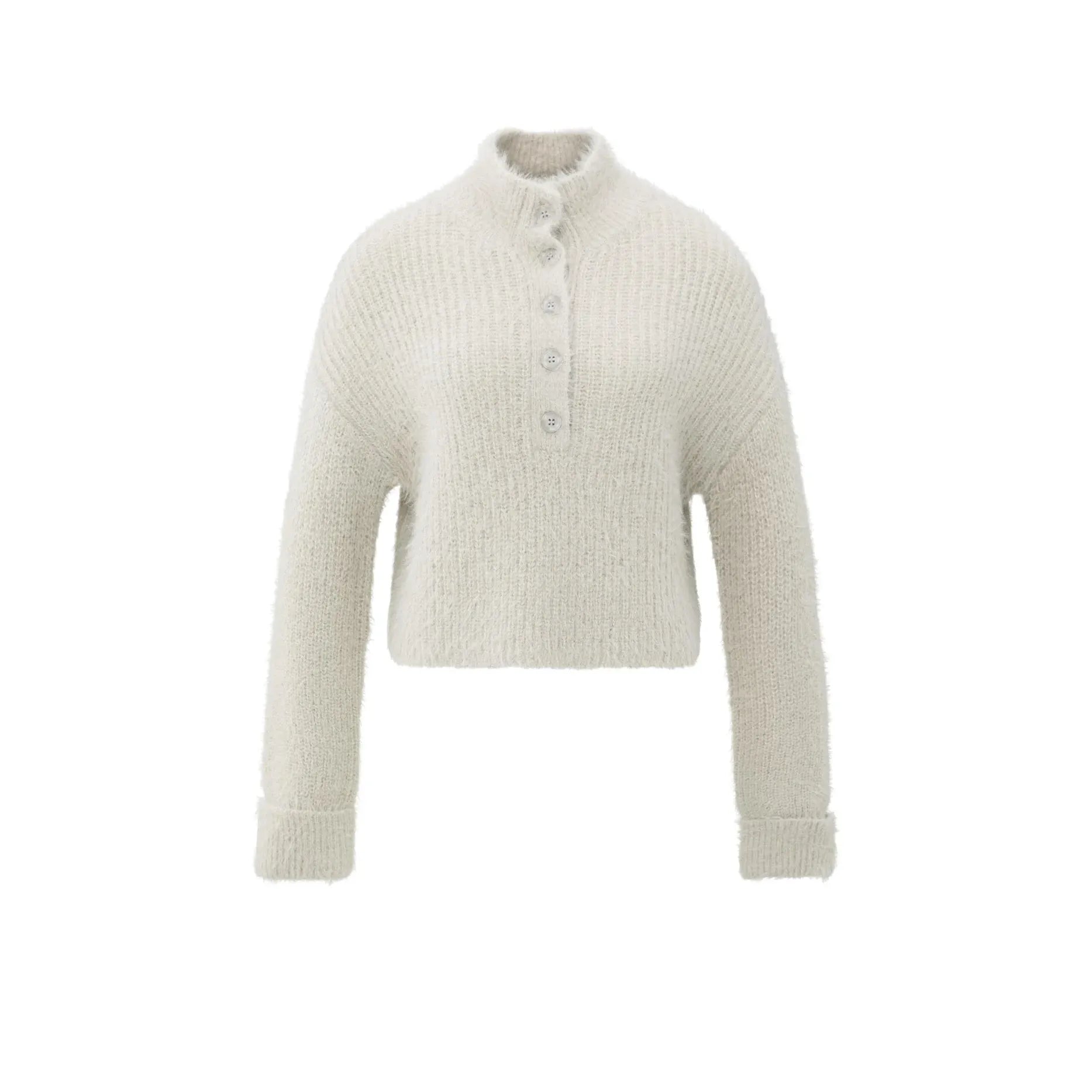 Fluffy Cropped Sweater w/ Collar & Buttons