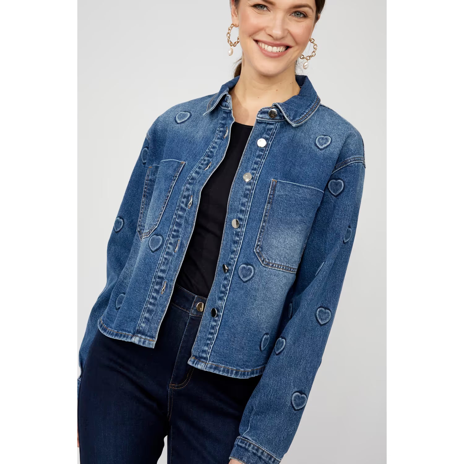 Heart Embroidered Denim Button Shirt