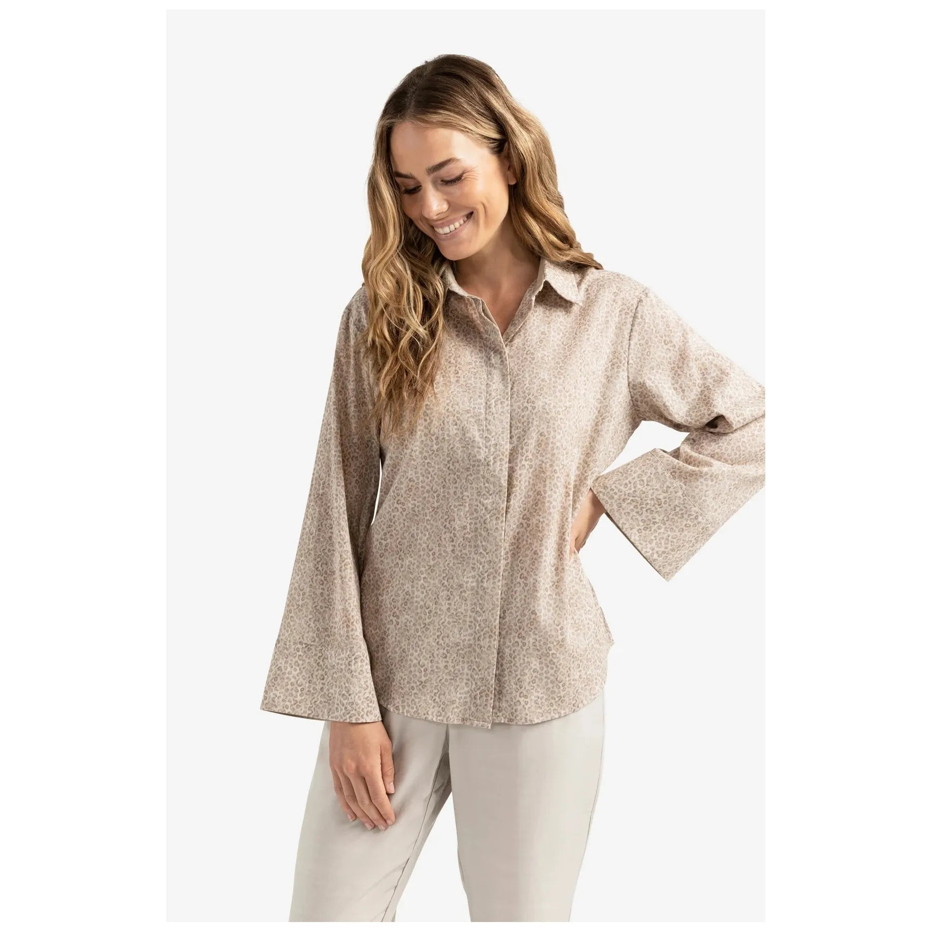 Leopard print blouse with back button detail